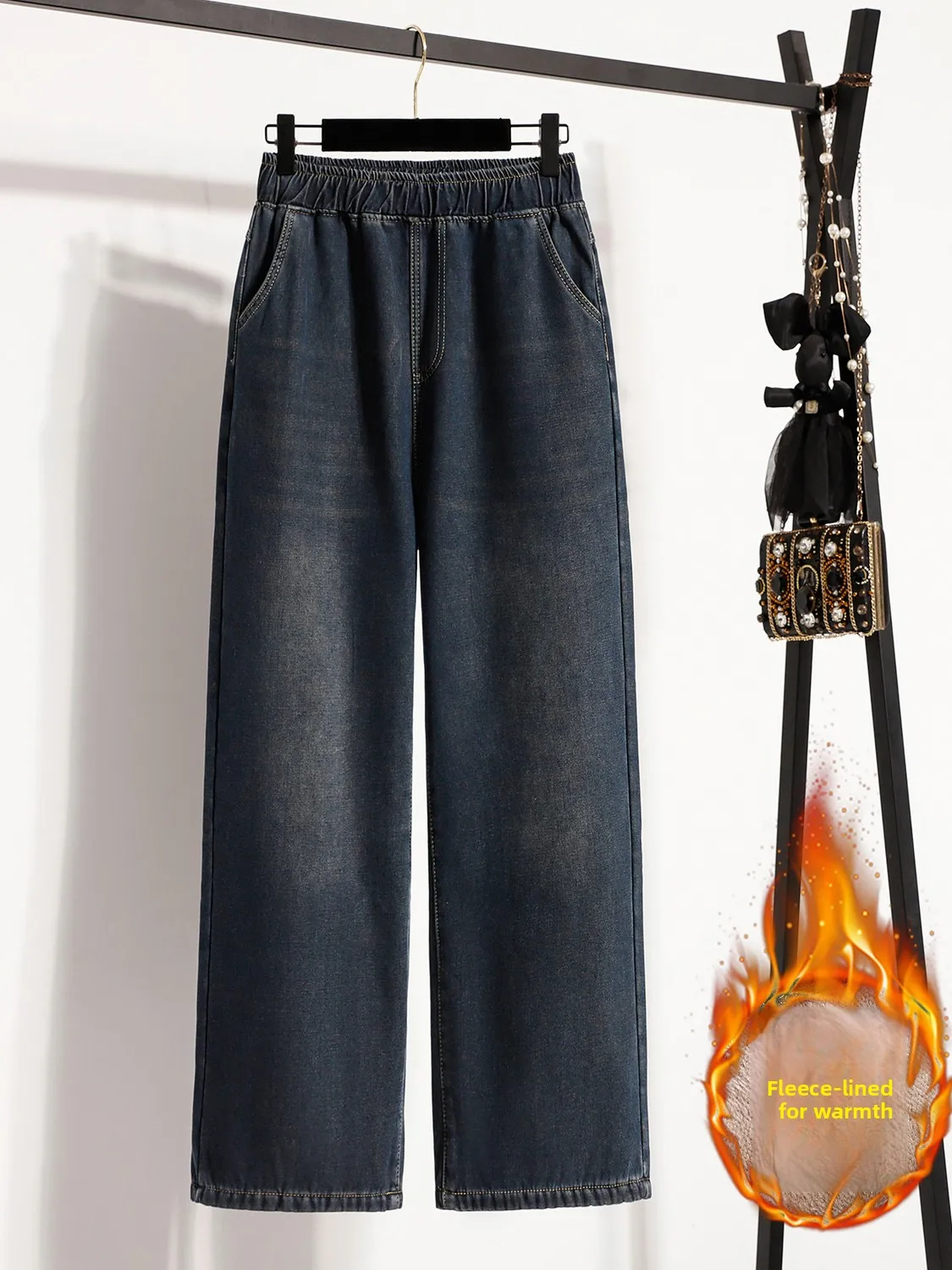 Plus Size Donna Inverno Nuovo Fce Foderato Thiened Casual Jeans caldi Gamba dritta Pantaloni a gamba larga Pantaloni lunghi