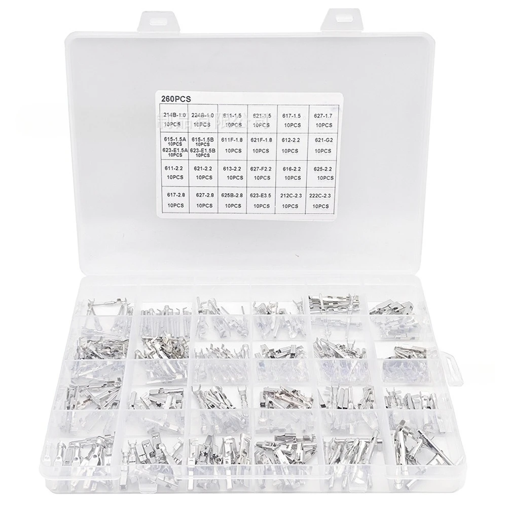 260PCS Tinned Copper Terminal Pins Male Female Connector Crimp Terminals 1mm-3.5mm Wiring Connector Assortment Box