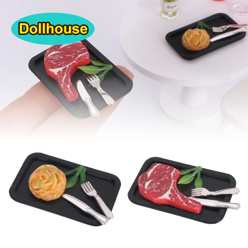 5Pcs Simulated Steak Pasta Plate Knife And Fork Model Kit Dollhouse Kitchen Food Decoration Toy DIY Accessories