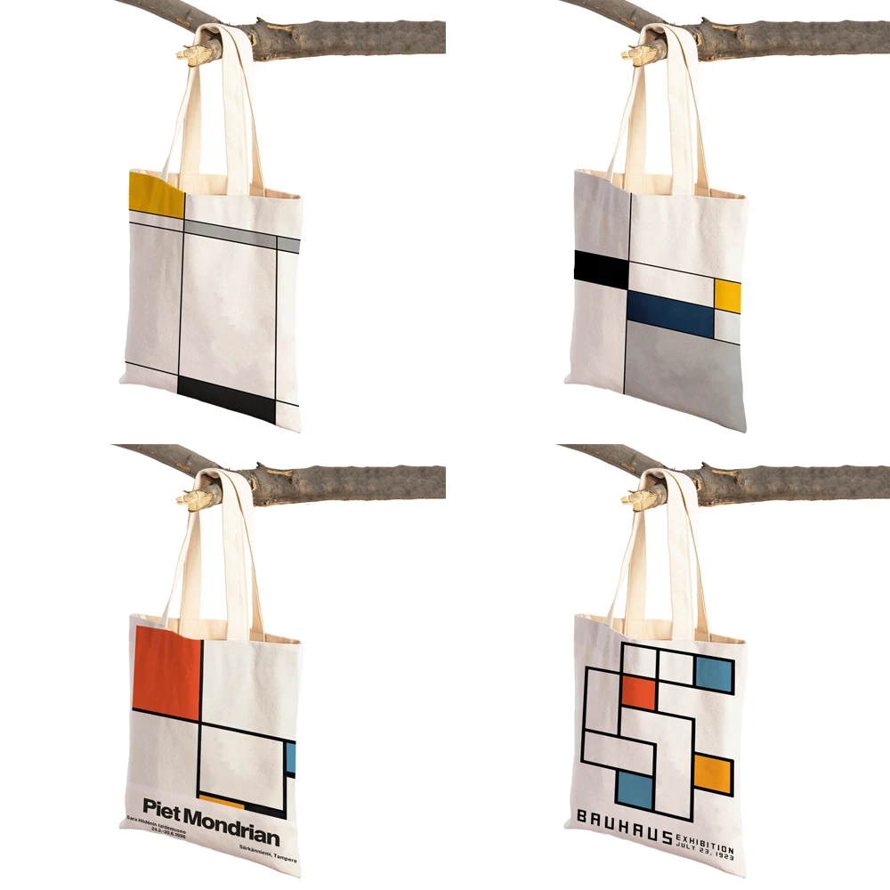 Piet Mondrian Geometric Line Color Block Double Print Shopping Bag Women Shopper Bags Lady Canvas Tote Reusable Travel Handbag