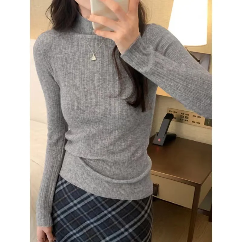 

New Arrival Long Sve Knitted Sweater Basic Sle Crew Ne Soft Pure Color Base Layer f High Collar Women's Faion