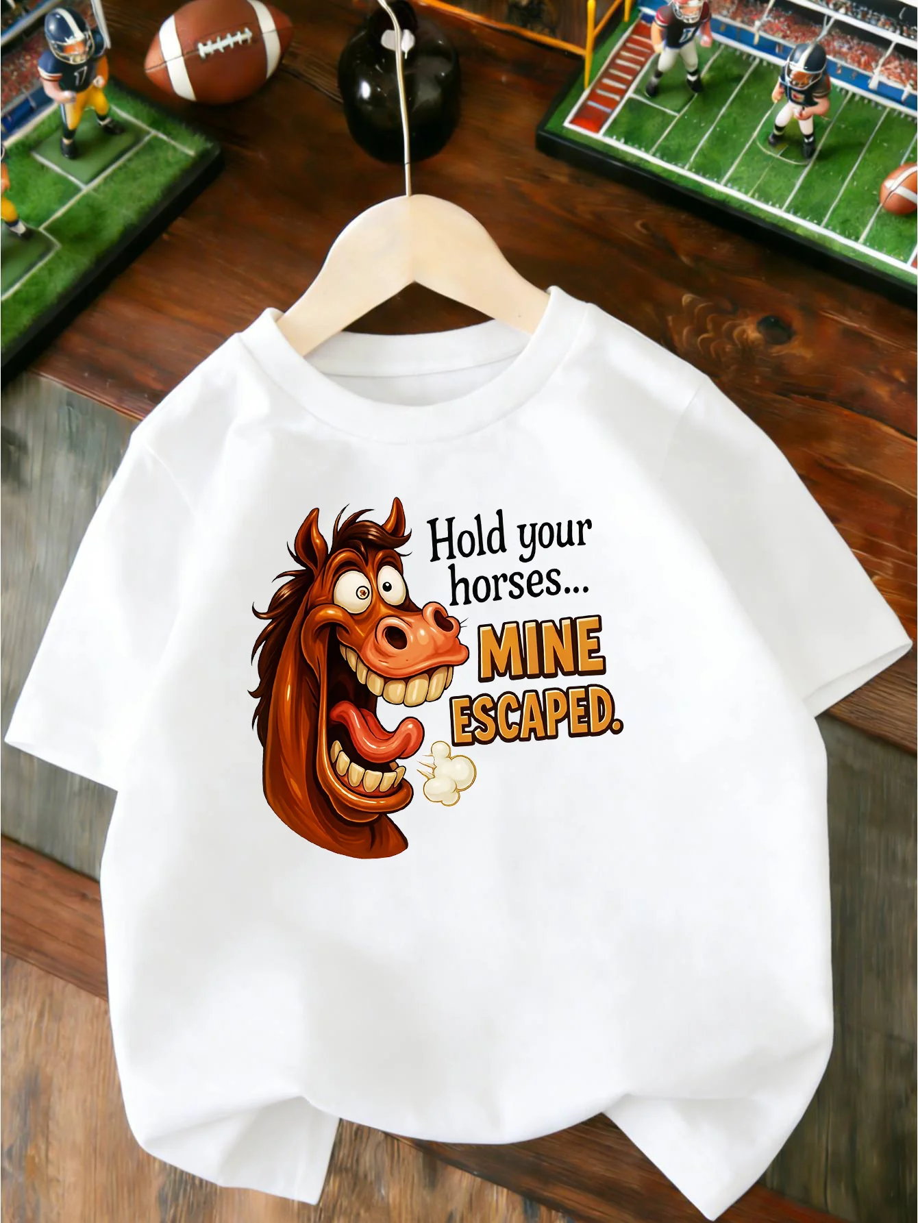 Funny Crazy Brown Horse Mine Escaped Cartoon Print T Shirt Boys Girls Lovely Short Sleeve Tee Family Matching Kids Cotton Tops
