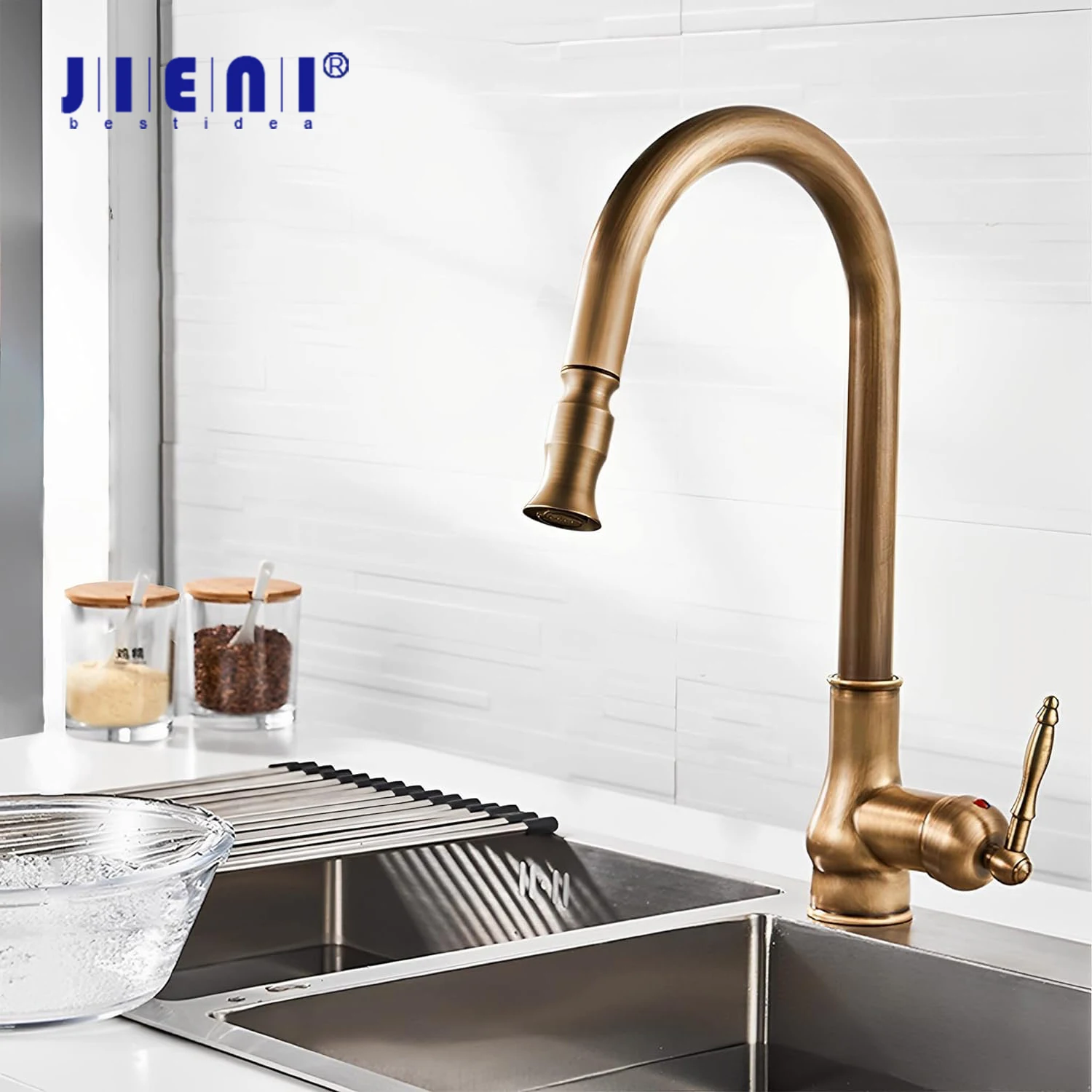 

JIENI Antique Brass Kitchen Faucet 360 Swivel Pull Out Spout Washbasin Faucets Single Handle Cold Hot Mixer Taps