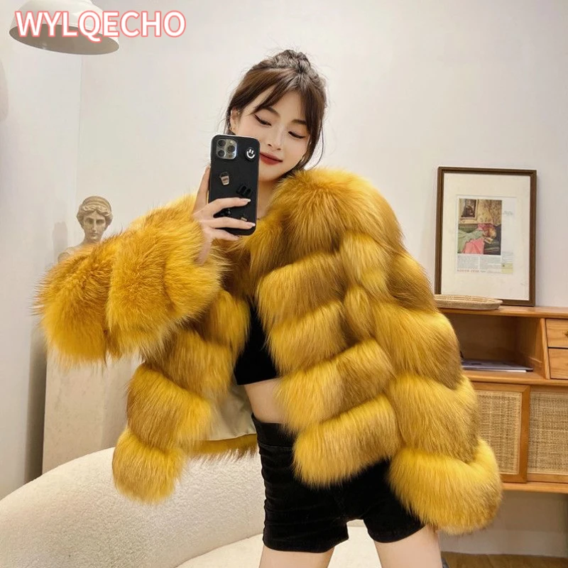 2023 Winter New Fashion Women Faux Fur Coat Female Green Elegant Fluffy Thick Warm Artificial Fox Fur Jacket Outerwear