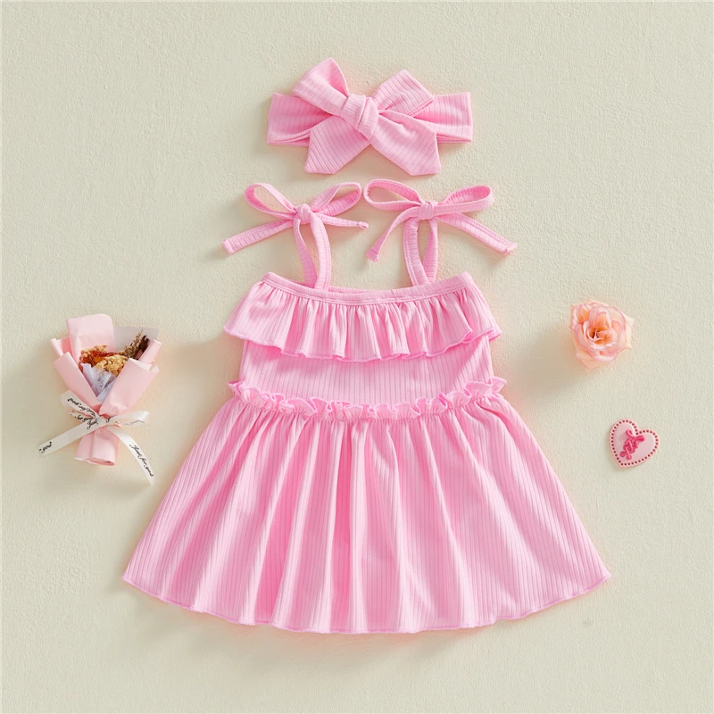 Newborn Baby Girl Summer Outfits Solid Color Ribbed Ruffled Trim Sleeveless Cami Romper Dress and Bow Headband 2 Pcs Set