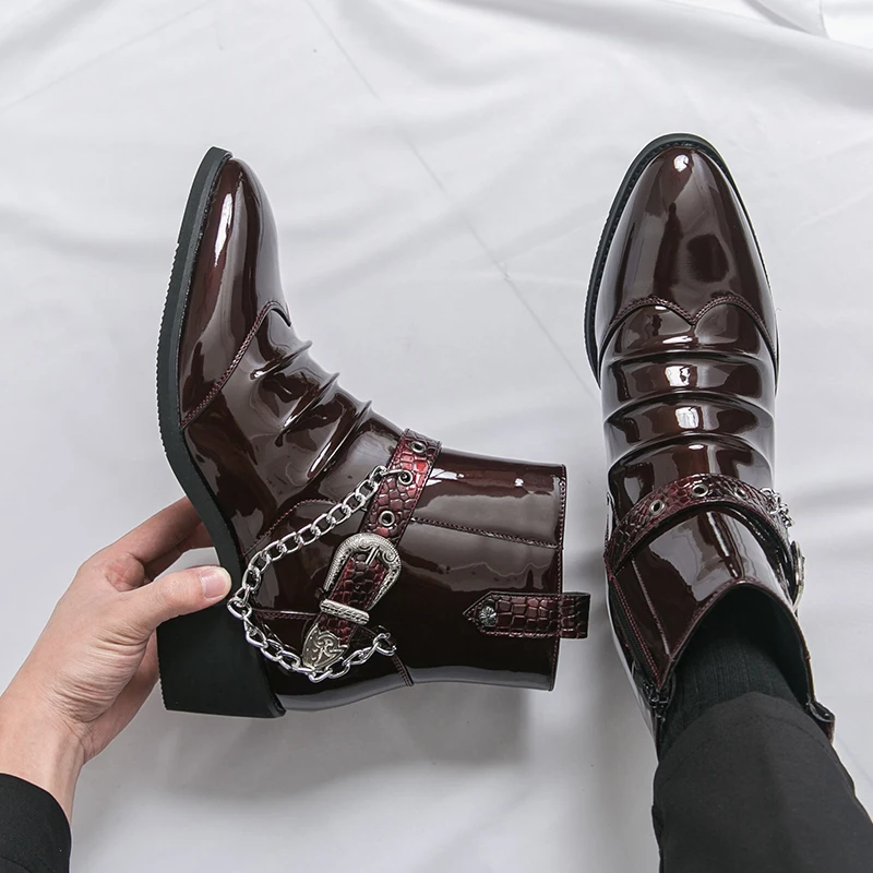 Fashionable Patent Leather Men's Comfortable Side Zipper Chain Decorative Leather Shoes Autumn New  Pointed Party High Top Shoes