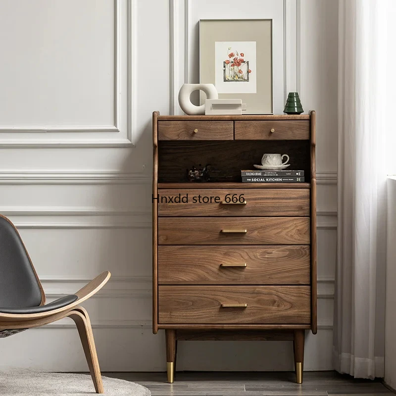 Solid Wood Living Room Chest of Drawers Black Walnut Wooden Storage Cabinet Light Luxury Sofa Copper Feet Side Cabinet