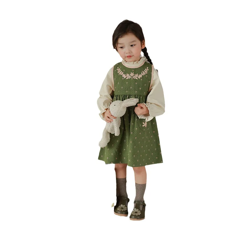 2023 New Autumn Girls\' Embroidered Polo Collar Fragmented Flower Dress Children\'s Contrast Edge Embroidered Tank Top Skirt Trend