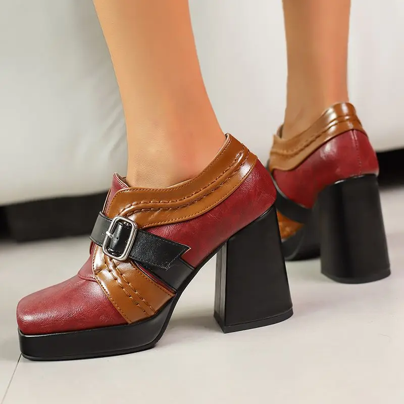 

Girseaby брендовые винтажные женские туфли-лодочки с квадратным носком на высоком каблуке 9,5 см, платформа 2 см, пряжка ремня, разноцветные, большие размеры 46 47 48