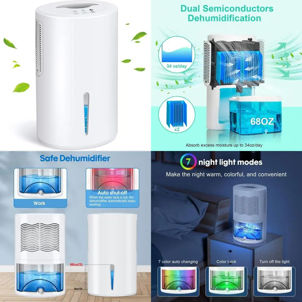 

Компактный, 68 унций. Осушитель воздуха для дома, ультратихий, с автоматическим отключением, идеально подходит для помещений площадью до 1000 кв. футов, 7 светодиодных ламп, подходит для