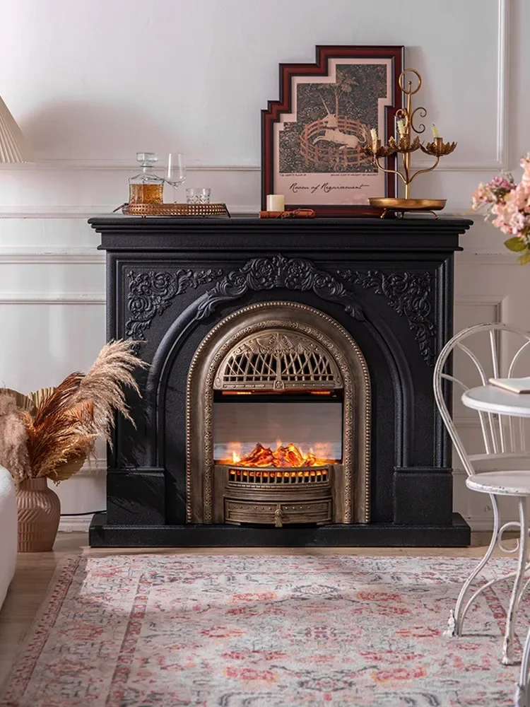 

French retro fireplace cabinet villa sofa side home living room fake fire heating decoration wedding photography shooting props