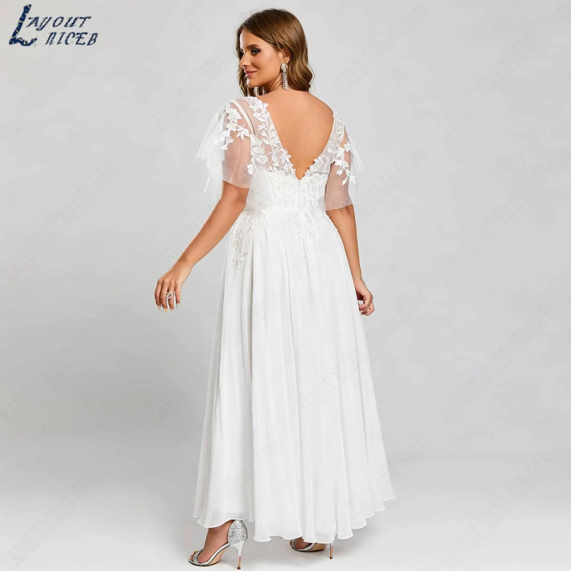 Plus Size Tea-length Wedding Dress V-Neck Flutter Sleeves A-Line Bridal Party Gowns Boho Chiffon Appliques vestidos Customized