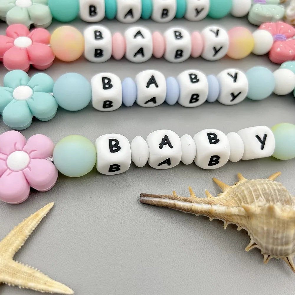 Baby Kawaii Toy Gifts Customized Letters Name Baby Rabbit Silicone Luminous Beads Pendant Pacifier Clips Chains Holder Teether