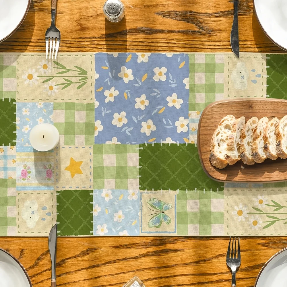 Patchwork Buffalo Check Floral Table Runner - Multi-Size Navy Border Rectangular for Farmhouse Kitchen Spring Summer Party Decor