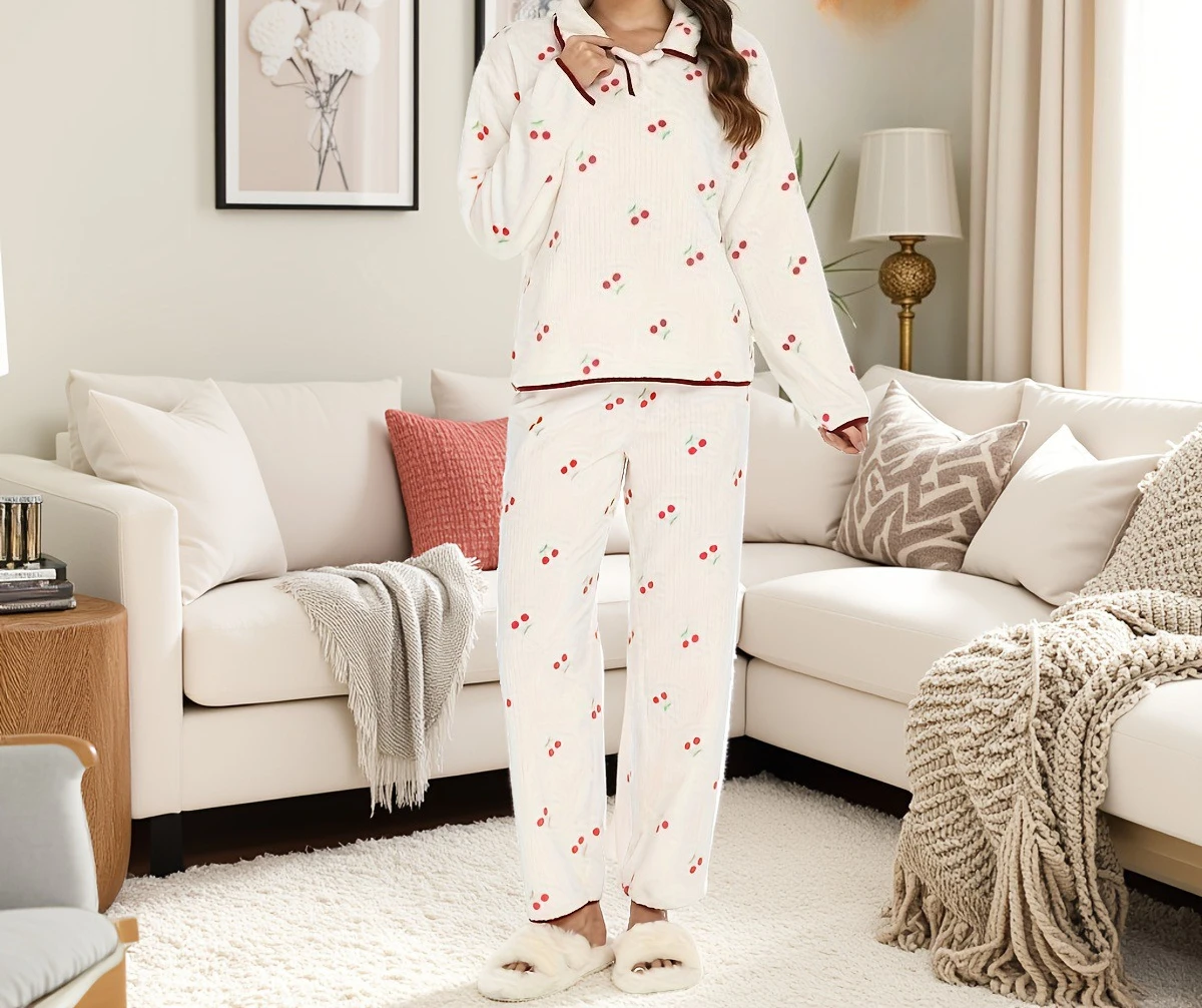 

Plush Contrasting Cherry Print Shirt Collar Buttoned Pajama Set Cute Long Sleeved Pants Home Wear Winter