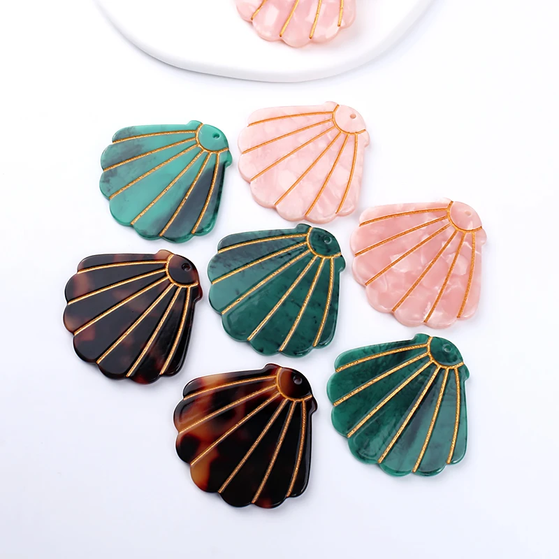 6pcs 39x39mm Green Pink Seashell Shape Charms Pendant for Earring Necklace Keychain Headwear Resin DIY Jewelry Making Supplies - Image 3