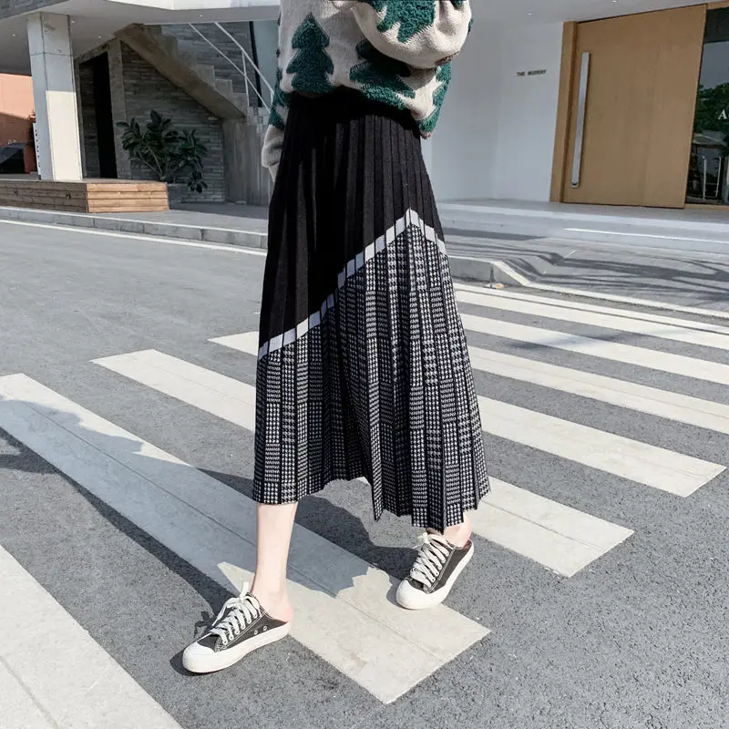 

2024 New Women's Knitted A-line Skirt Autumn Winter Printing Pleated Mid-length Woman Elegant High Waist Skirt Female T383