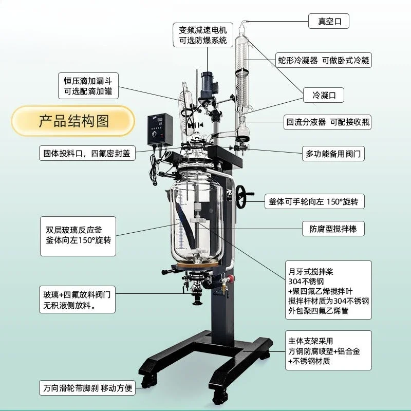 Double-layer glass reactor laboratory electric heating rotatable lifting vacuum jacket kettle 5L-100L