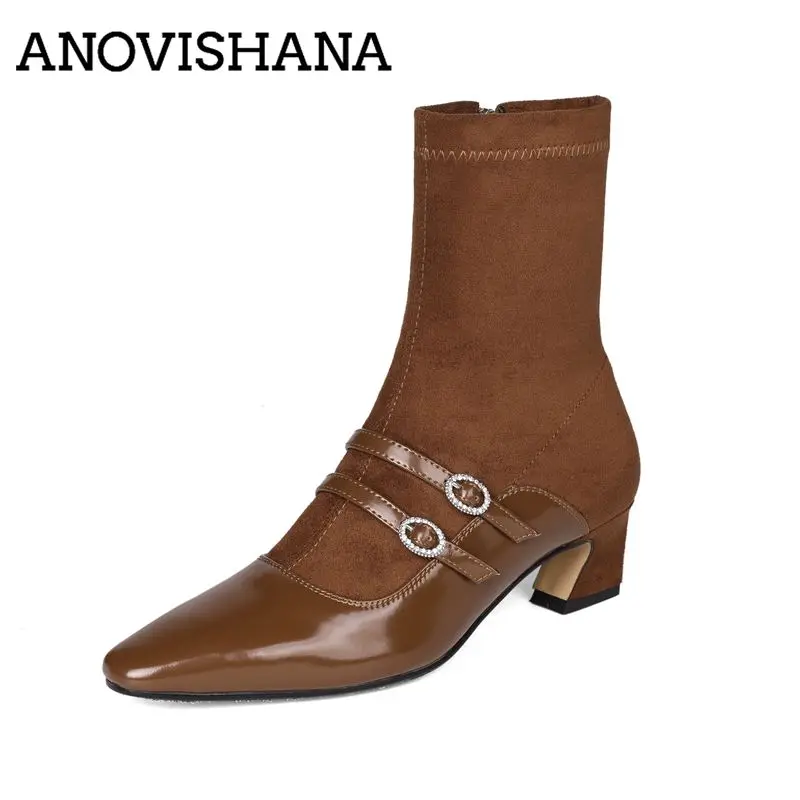 ANOVISHANA Black Shiny Women Mid Calf Boots Pointed Toe 4.5cm Block Heel Zipper Belt Buckles Splicing Small Size 32 33 Sexy Bota