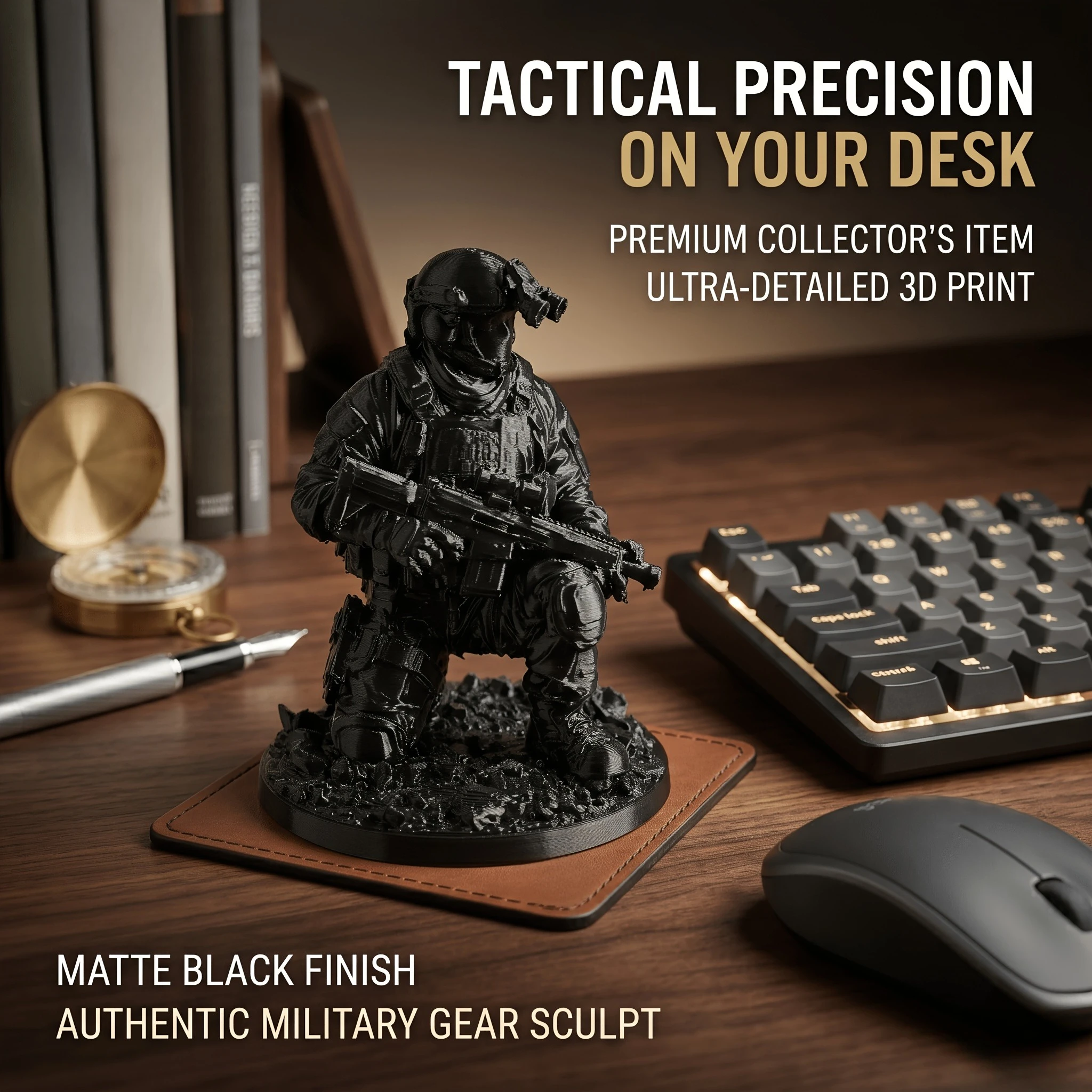 Kneeling Tactical Soldier Statues 3D‑ Printed Military Special Ops Figures with Helmet Night‑Vision Gear Gaming Desk Decor Gifts