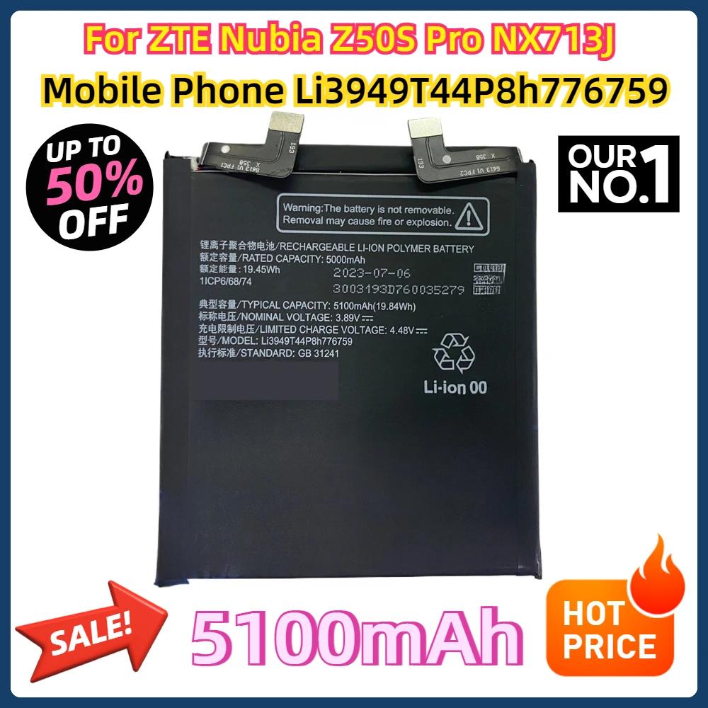 For ZTE Nubia Z50S Pro NX713J Mobile Phone 1ICP6/68/74 Li3949T44P8h776759 5100mAh Battery