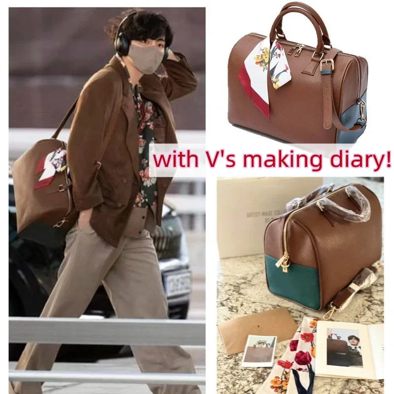 Unisex KPOP Boys Boston Handbag PU Large Capacity Shoulder Bags with Silk Scarf Luxury V Design Mute Bostons Crossbody Bags