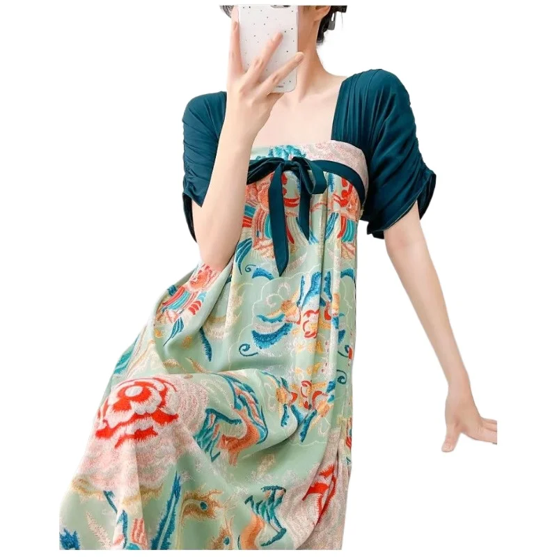 

Women's National Style New Chinese Lace-up Cool Square Neck Short-sleeved Pajamas Can Be Worn Outside New Cotton Silk Nightdress