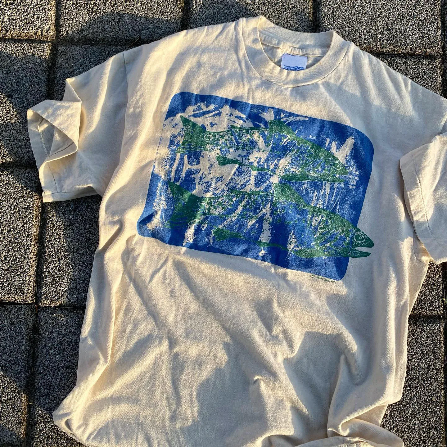 Retro American Style Short Sleeve T-Shirt Color Block Blue Green Vintage Artistic Feel Cotton Comfortable Breathable round Neck