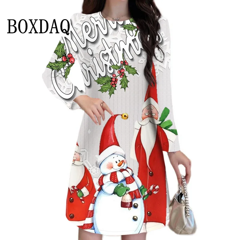 Cartoon Cute Print Women Dress Long Sleeve Santa Claus Pattern Christmas Dress Autumn Winter Casual Party Mini Dresses Plus Size