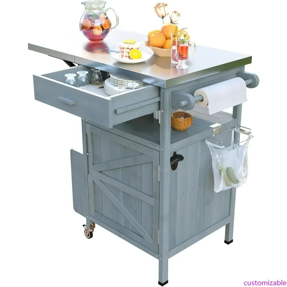

Hot-sellingPortable Outdoor Kitchen Island with Folding Side Extension, 40.5 Hardwood Outdoor Grill Stand featuring Stainless St