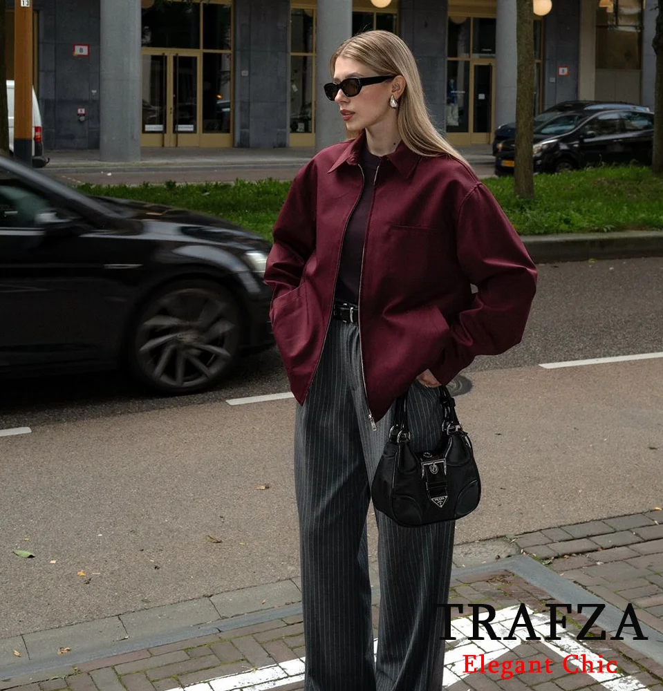 TRAFZA-Women Vintage Loose Lapel Jacket Burgundy Color Zipper Jacket New 2024 Autumn Stylish Versatile Casual Jacket