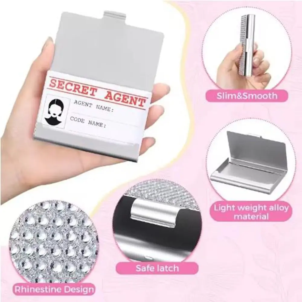 

Aluminum Alloy Diamond Metal Business Card Case 10-20 Sheets Capacity Snap Rhinestone Business Card Box Small