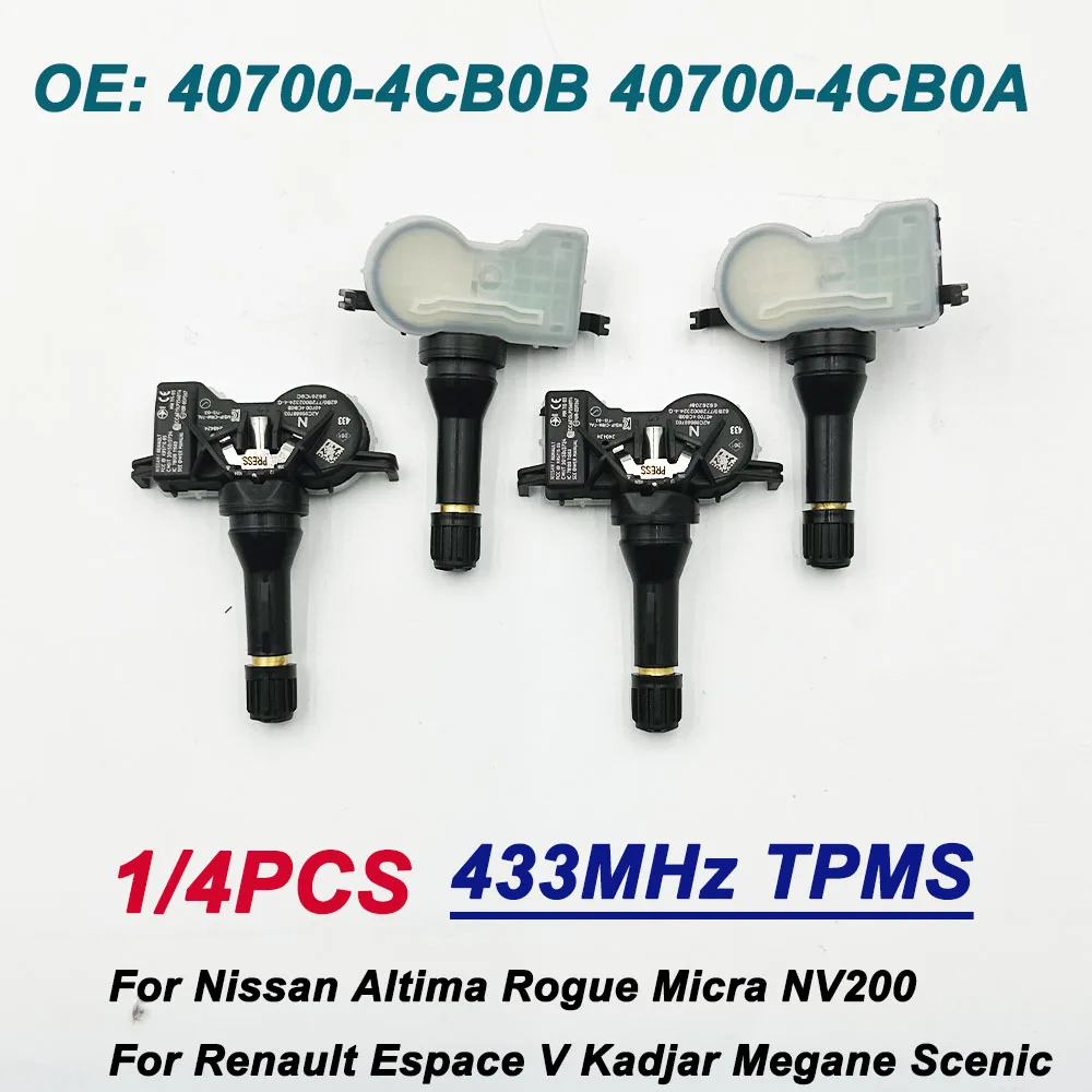 New 1/4Pcs For Nissan Altima Rogue Renault Espace 40700-4CB0B 40700-4CB0A TIRE PRESSURE SENSOR TPMS 433MHz 407004CB0B 407004CB0A