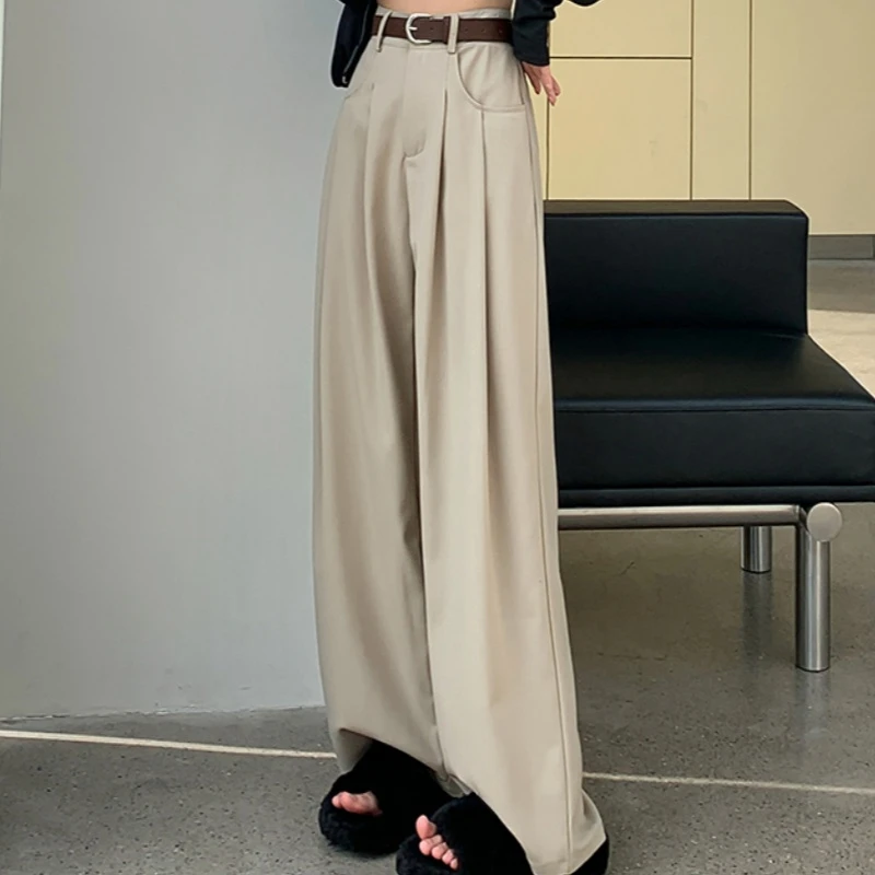 Retro ผู้หญิงสบายๆกางเกง 2025 ฤดูใบไม้ผลิฤดูร้อนใหม่เอวสูงขากว้างกางเกงตรงความยาวเต็ม Draped Office Lady กางเกง