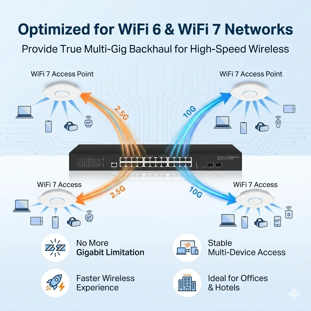 24 Port 2.5G Managed L3 Switch with 2x10G SFP Uplink Rackmount Multi-Gigabit Ethernet Switch for WiFi 6 WiFi 7 Access Points