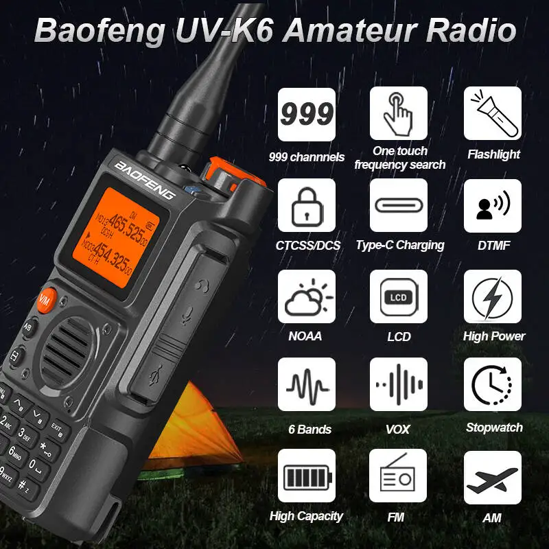 Baofeng UV-K6 Walkie Talkie Air Band Radio Type-C Charging UHF VHF Six Band DIMF FM NOAA Wireless Frequency BF-K6 Two Way Radios