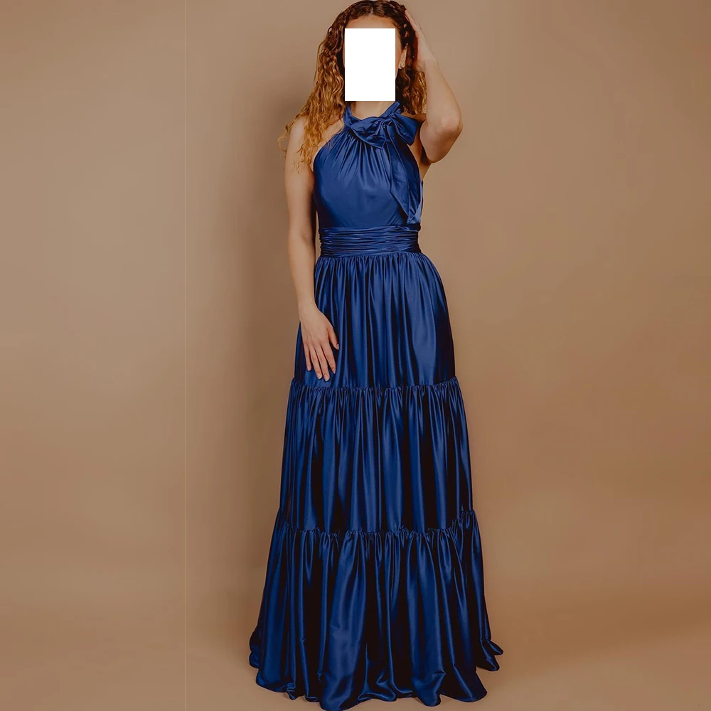 

CustomizedFormal A-Line Blue Floor Length Evening Dress Elegant Halter Satin Sleeveless Tiered Pleats Saudi Arabia Bespoke Occas