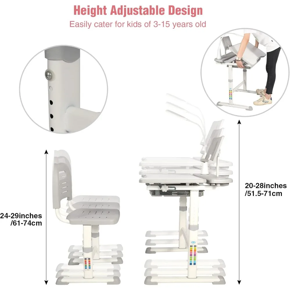 طقم مكتب وكرسي للأطفال قابل للتعديل للارتفاع للدراسة المنزلية مع مساحة تخزين وإضاءة LED وحامل أكواب وحامل كتب