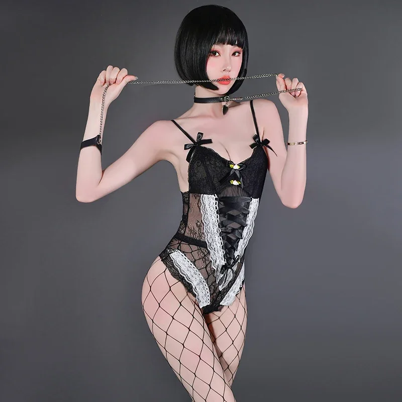 Lencería Sexy de encaje para mujer, traje de cuerpo sin entrepierna, vestido de sirvienta atado, disfraz SM femenino, picardías erótico, ropa interior porno de peluche
