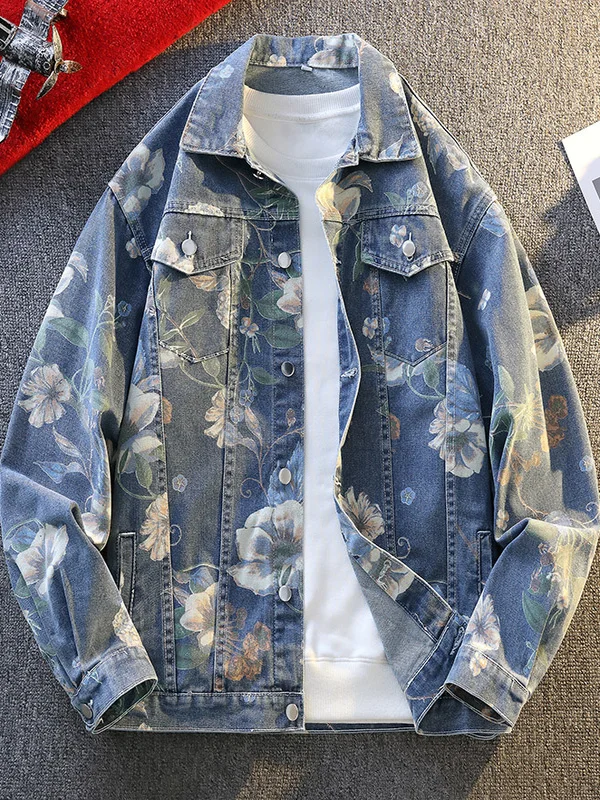

Мужская джинсовая куртка на весну-осень, с отложным воротником, модная, с цветочной вышивкой, в стиле Hong Kong Sle