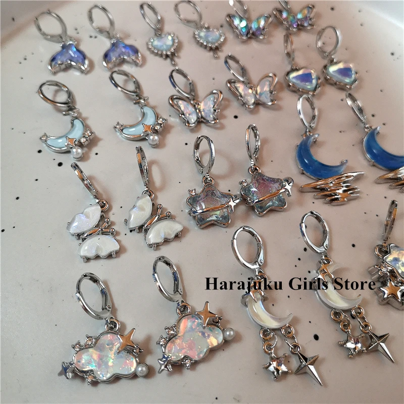 Gothic Moonlight Stone Star Butterfly Moon Pendant Earrings For Egirl Y2K EMO 2000s Cute Dream Fairy Vintage Jewelry Accessories