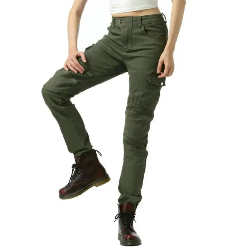 

Army Green Motorcycle Riding Pants For Women Volero Protetive Straight Jeans Female Knight Daily Casual Trousers