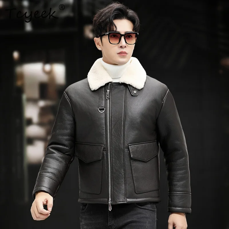 Tcyeek Natural Sheep Fur Winter Coat Men Fashion Warm Jacket High Quality Mens Real Fur Jacket Coats Motorcycle Chaquetas Hombre