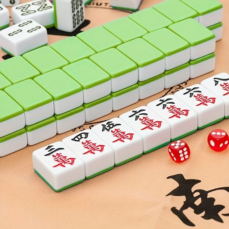 

Mahjong Game Set 144 Tiles with Carrying Bag, Mat & Dice - 40mm Green & White Tiles, Traditional Chinese Strategy Board Game