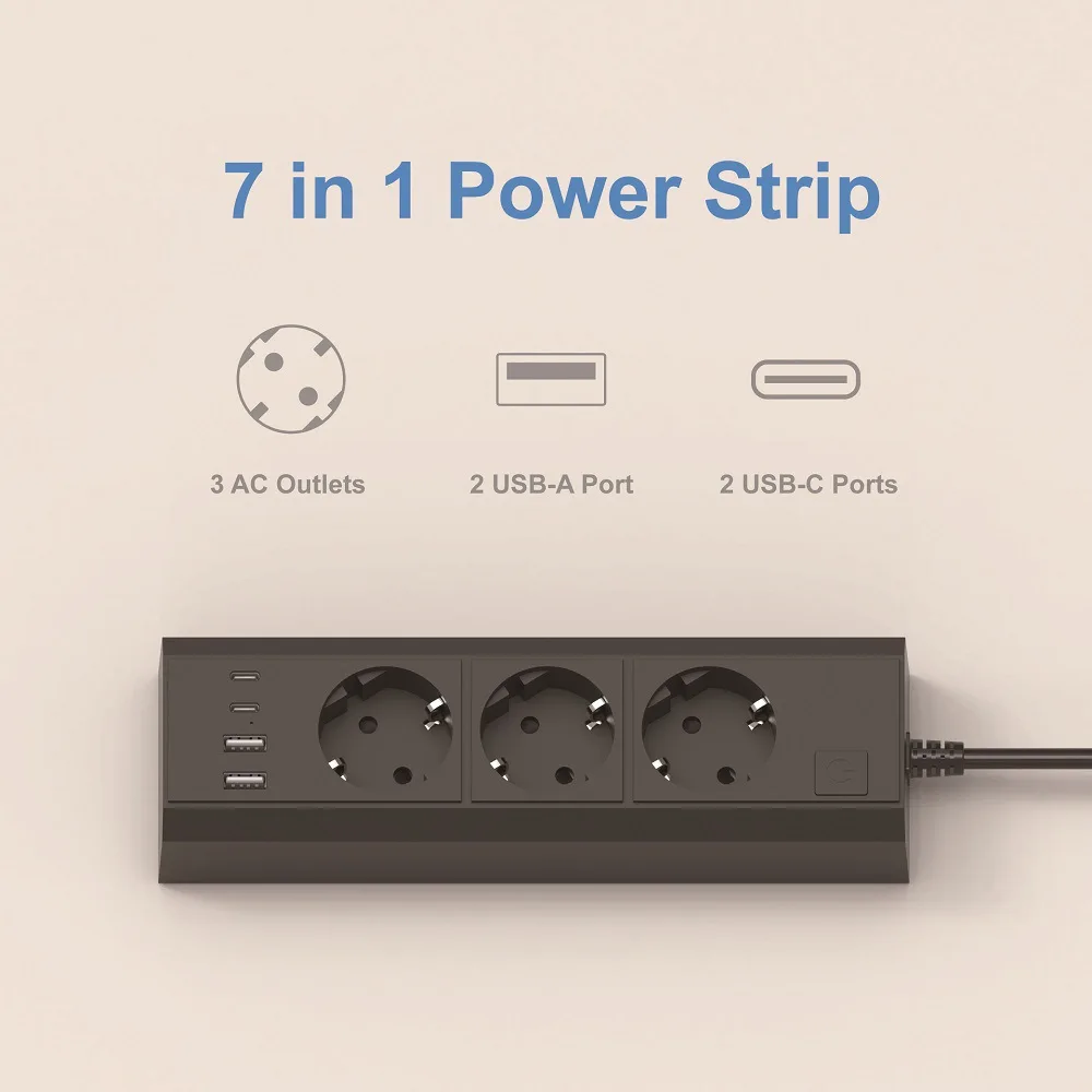 

7 In 1 2500W EU Plug Wall Mount Power Strip 1.5M Extension Cord Cable with 3AC Outlets 4USB Surge Protection Socket