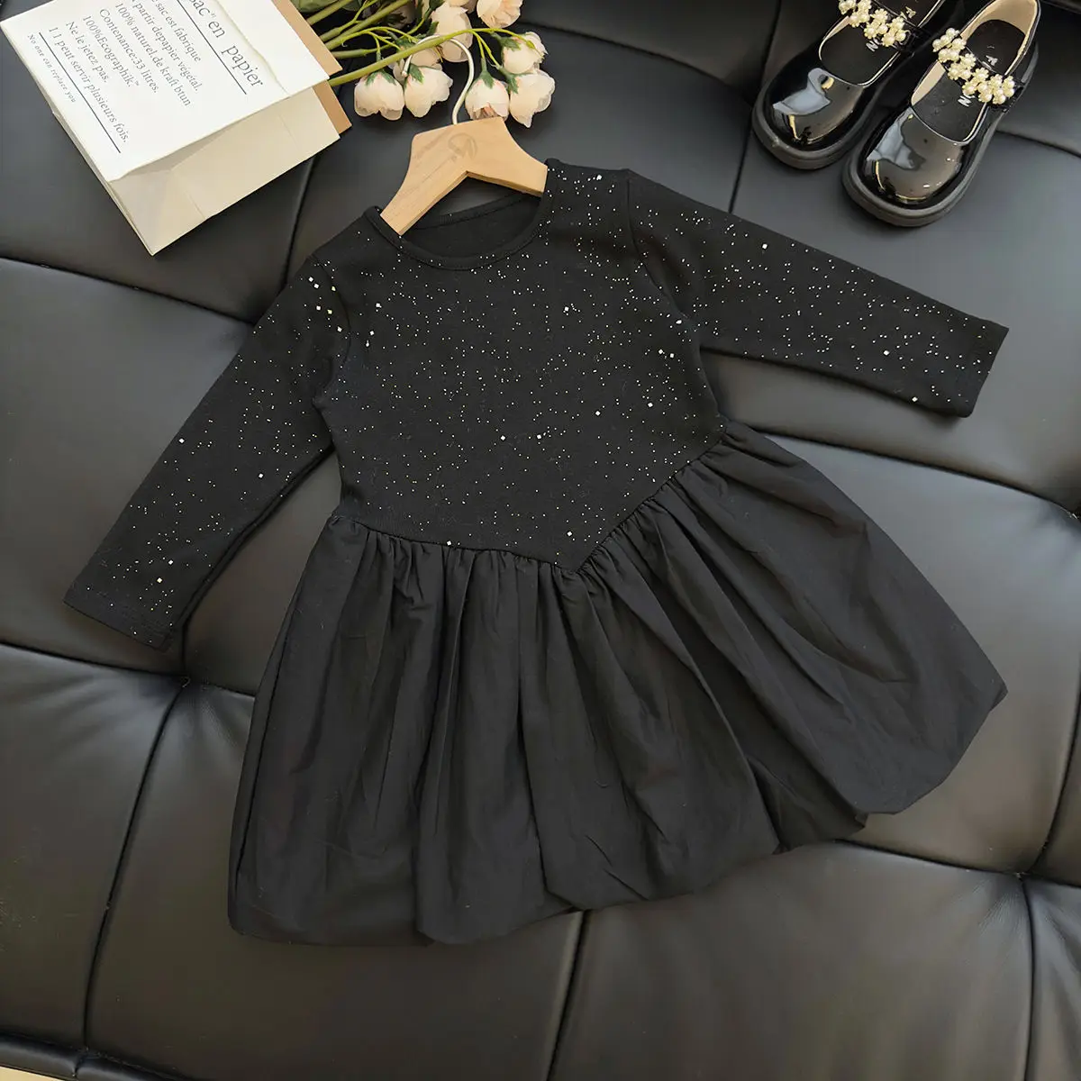 Retail New Baby Girls Fashion Dress Sets, Sequined Coat + Black Dress Princess Elegant Suits Girl 2-7T