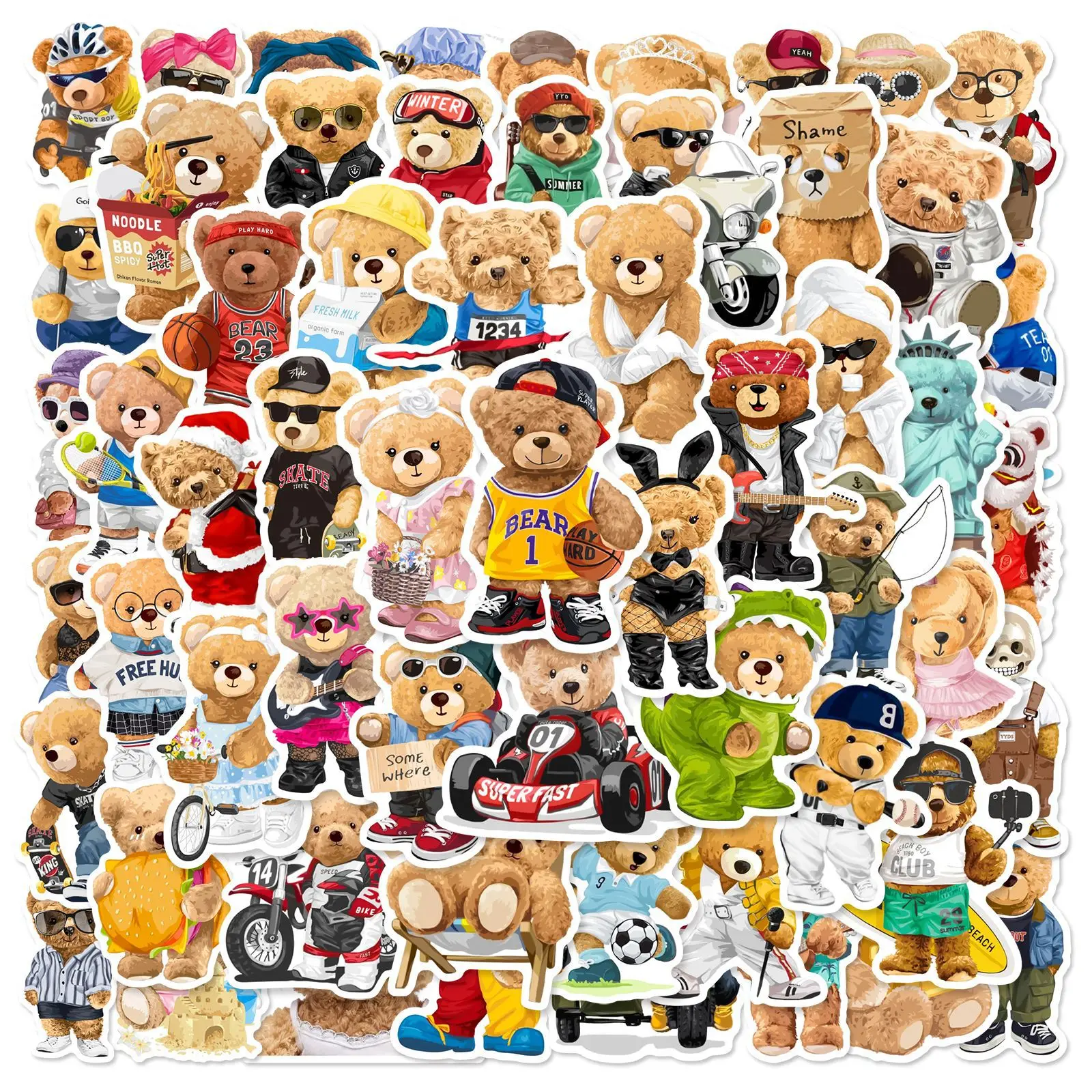 60Pcs Cute Doll Bear Stickers Cartoon Korean Bear DIY Stickers Scrapbooking Phone Luggage Skateboard Waterproof Decals
