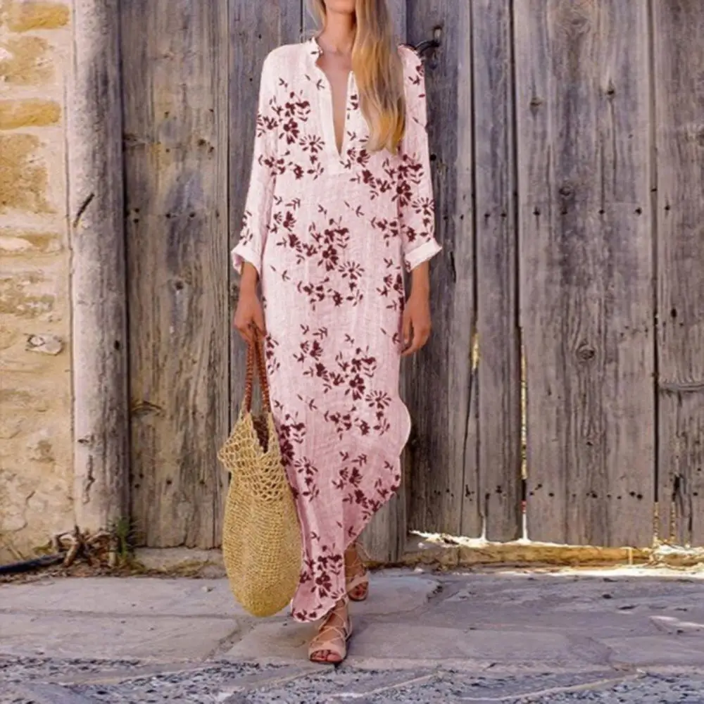 

Cotton Linen Boho Holiday Dress Long Sleeves Women Spring Casual African Dashiki Print Front Slit Maxi Tunic V Neck Dress