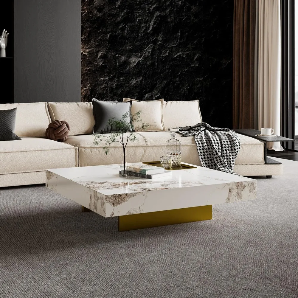 طاولة قهوة حديثة لغرفة المعيشة، طاولة غرفة معيشة مربعة كبيرة 43.31 بوصة، سطح طاولة من الحجر الملبد مع أرجل من الفولاذ المقاوم للصدأ باللون الذهبي