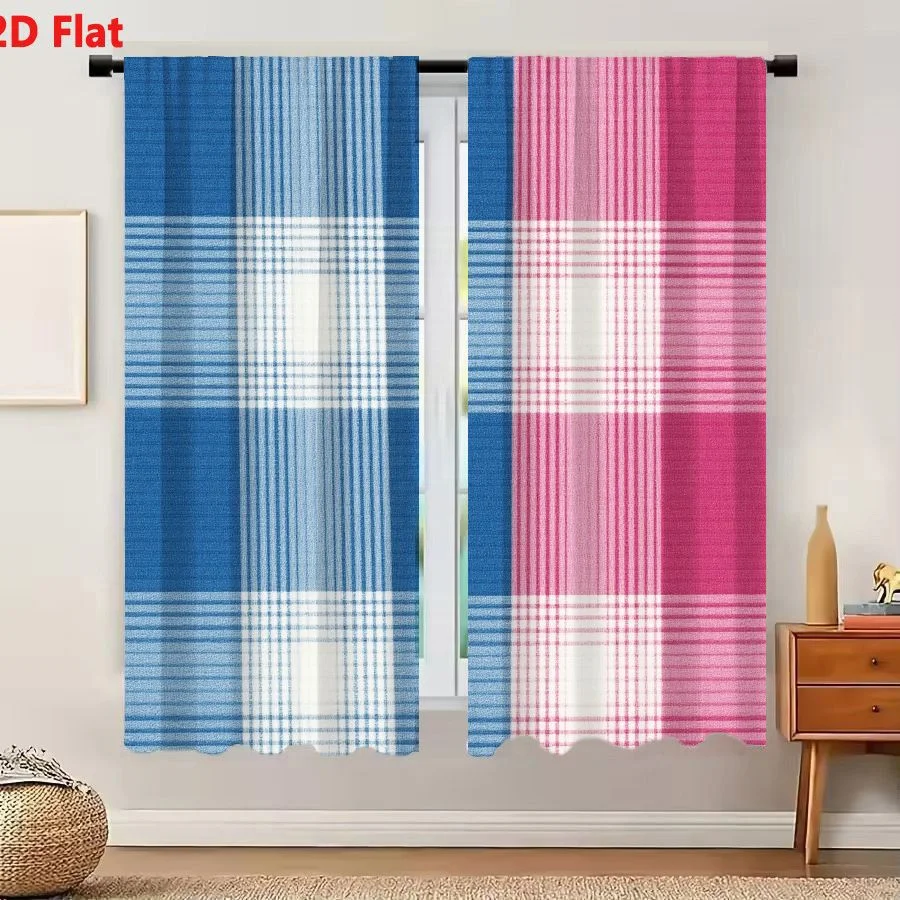 

2Pcs Curtains 2D Flat Plaid Pattern Split Blue And Pink Tartan Woven Fabric Texture Window Drapes for Bedroom Room Decor Decorat
